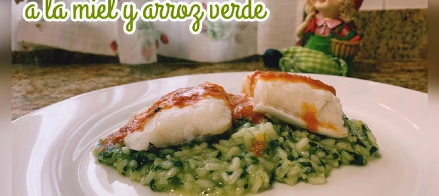 Bacalao con sobrasada a la miel y arroz verde